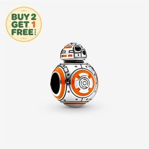 May include: A spherical silver charm bead featuring orange enamel detailing and black accents, designed to resemble a robotic character with a dome-shaped head and a circular body. The charm includes a central opening for a bracelet or necklace chain.