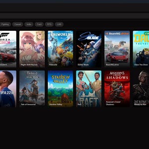 May include: A digital interface titled QuickPlay displaying a grid of various video game cover art thumbnails. The dark-themed layout features a search bar, category filters, and a collection of rectangular game posters with diverse graphic designs.