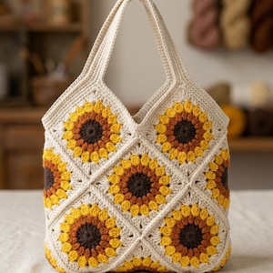 May include: A crochet tote bag constructed from square motifs featuring sunflower patterns. The bag is made with cream-colored yarn for the borders and handles, while the sunflower centers are dark brown with yellow and orange petals.