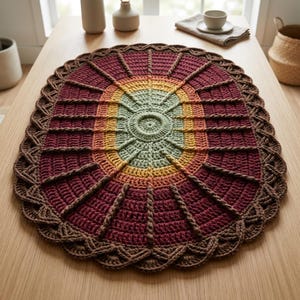 May include: An oval crochet mat featuring a central light green circle surrounded by concentric rings of yellow, orange, and deep burgundy yarn. The mat has raised, radiating textured lines and a wide, scalloped dark brown crocheted border.