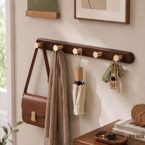 Modern Walnut Wall Hook Rack with Gold Round Knobs, Solid Wood Entryway Coat Hanger, 4/5/6 Hook Organizer for Bags & Keys