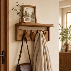 Peut inclure: Un porte-manteau mural en bois doté d'une étagère supérieure plate, de quatre crochets inclinés et d'un cadre rectangulaire. Un sac à main en cuir marron est suspendu à un crochet et un vêtement en tissu beige à un autre. Un cadre photo est posé.