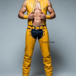 Men's Yellow Leather Vest and Chaps, Handmade Stage Costume, Festival Outfit, Custom Motorcycle Fashion