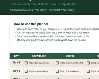 Monthly Diet Plan Tracker | Healthy Meal Planner, Food Water Log (PDF Download)
