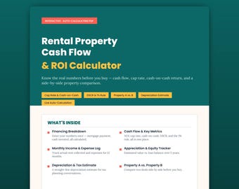 Interactive Rental Property Calculator PDF | Cap Rate, Cash Flow, ROI Tool (Digital Download)