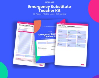 1st Grade Emergency Substitute Teacher Kit | Fillable PDF, Auto-Calculating Attendance (Digital Download)
