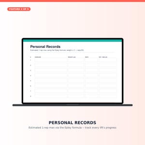 May include: A digital display on a laptop screen showing a Personal Records tracking template. The form includes columns for exercise, weight in pounds, repetitions, and estimated one-rep max calculated using the Epley formula for eight rows.