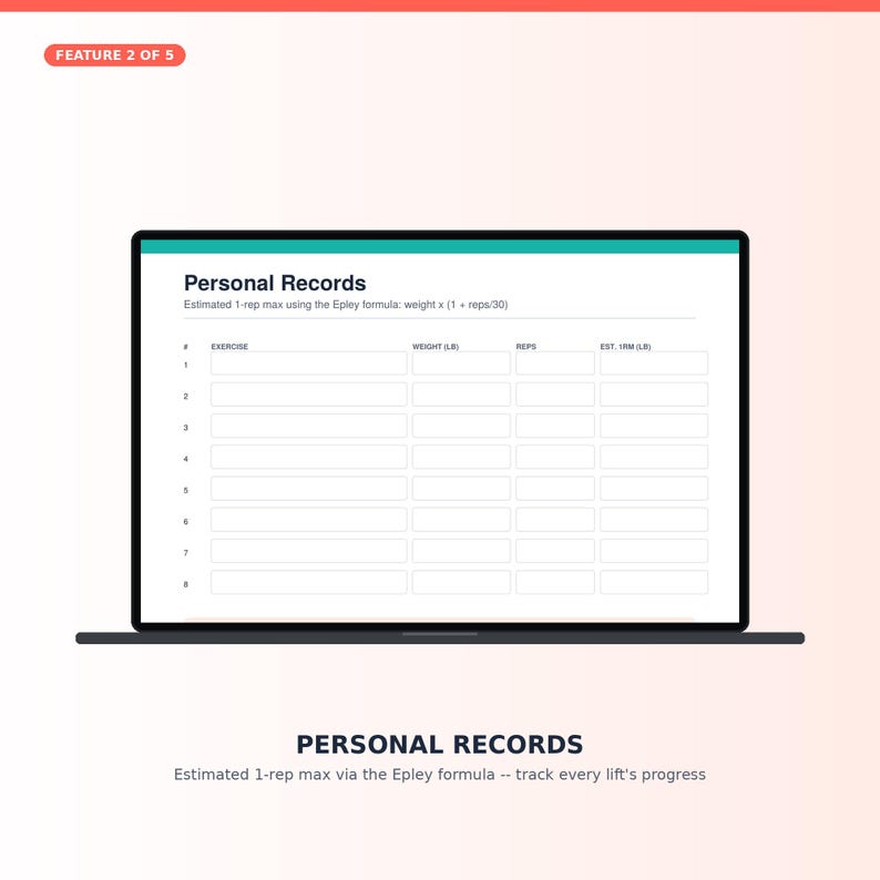 May include: A digital display on a laptop screen showing a Personal Records tracking template. The form includes columns for exercise, weight in pounds, repetitions, and estimated one-rep max calculated using the Epley formula for eight rows.