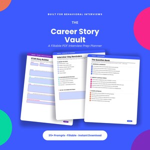Könnte beinhalten: Ein digitaler Interview-Vorbereitungsplaner mit dem Titel The Career Story Vault, bestehend aus drei weißen Seiten mit blauem Text und Überschriften. Die Seiten enthalten Abschnitte für STAR Story Builder, Interview-Day Reminders und The Question Bank.