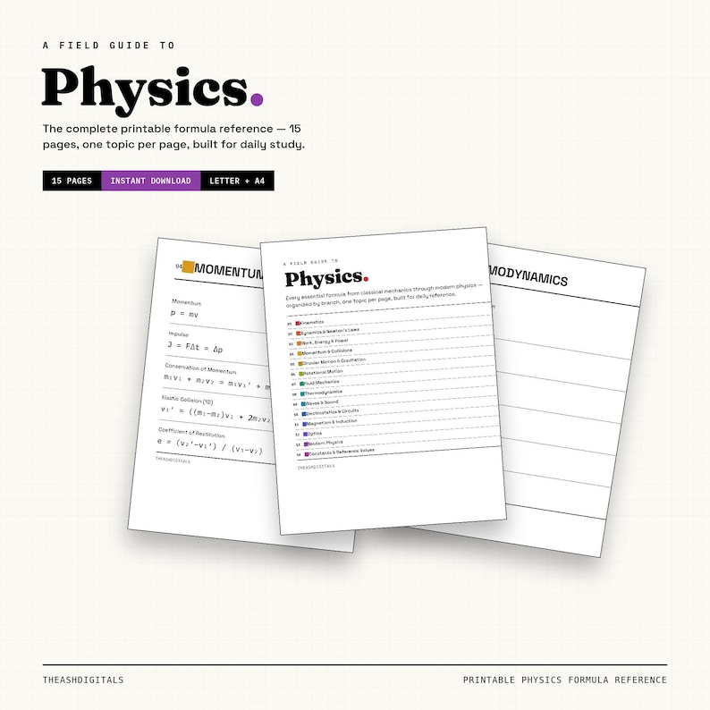 May include: A printable physics field guide featuring 15 pages of formulas. The document includes a title page, a momentum page with equations, and a thermodynamics page. The text includes A FIELD GUIDE TO Physics, 15 PAGES, and INSTANT DOWNLOAD.