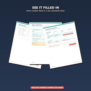May include: Three digital planner pages titled Workout Log, Master Dashboard, and Goal Pace Projection. The pages feature tables, input fields, and text including See It Filled In, Every number below is a real calculated result, and Realistic Worked Example Included.