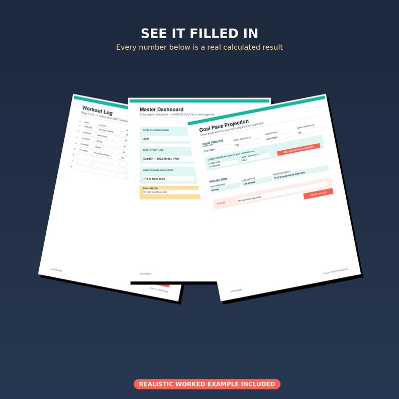 May include: Three digital planner pages titled Workout Log, Master Dashboard, and Goal Pace Projection. The pages feature tables, input fields, and text including See It Filled In, Every number below is a real calculated result, and Realistic Worked Example Included.