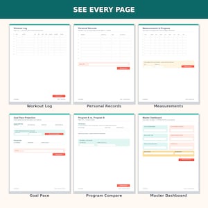 May include: A digital planner layout featuring six distinct pages titled Workout Log, Personal Records, Measurements & Progress, Goal Pace Projection, Program A vs. Program B, and Master Dashboard, each with teal headers and organized data entry fields.