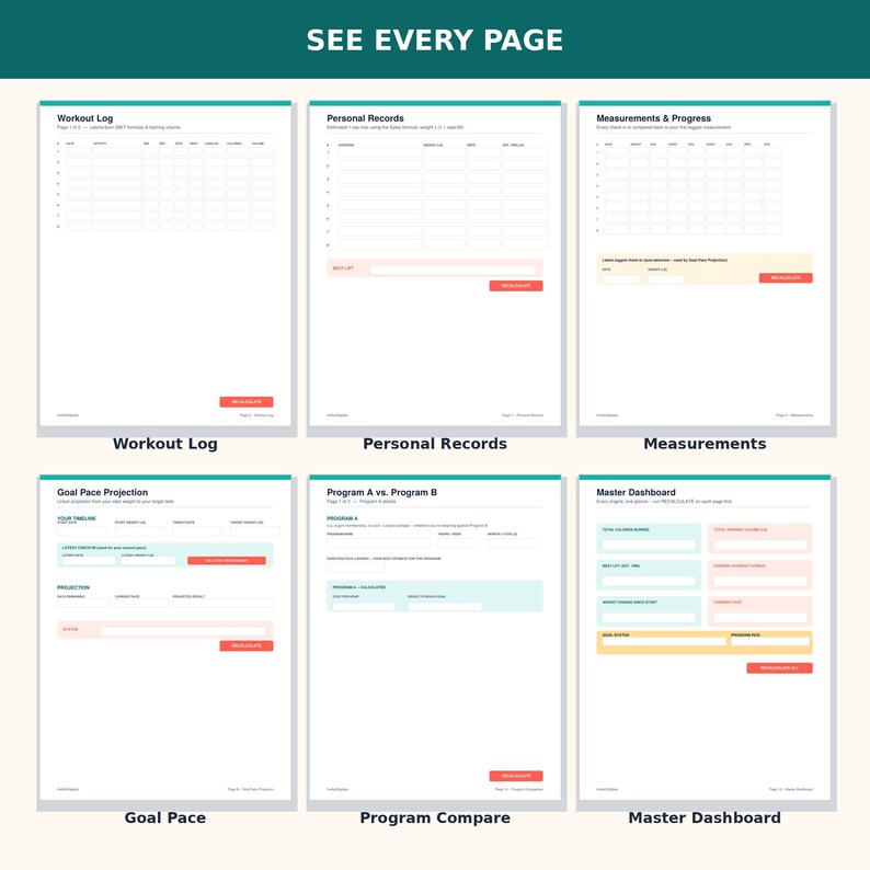 May include: A digital planner layout featuring six distinct pages titled Workout Log, Personal Records, Measurements & Progress, Goal Pace Projection, Program A vs. Program B, and Master Dashboard, each with teal headers and organized data entry fields.