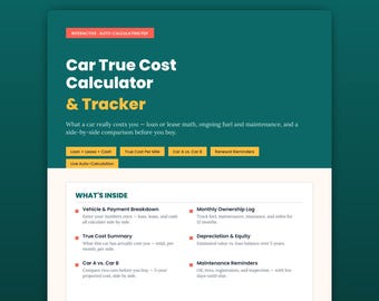 Interactive Car Cost Calculator & Tracker | Auto-Calc Loan, Lease, Cash Comparison (PDF)
