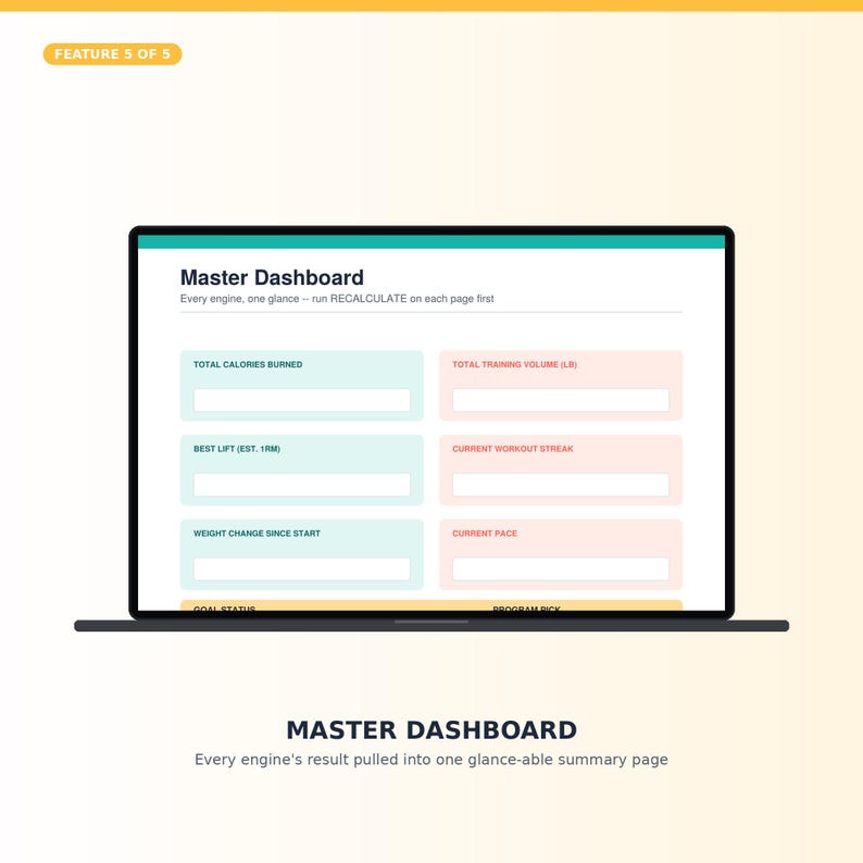 May include: A digital master dashboard interface displayed on a laptop screen. The layout features a header titled Master Dashboard with the instruction to run RECALCULATE. It includes data fields for total calories burned, training volume in lb, best lift, workout streak, weight change, and current pace.