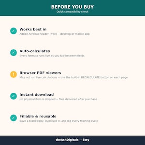 May include: An informational graphic titled BEFORE YOU BUY with a quick compatibility check. It lists five points: Works best in Adobe Acrobat Reader, Auto-calculates, Browser PDF viewers, Instant download, and Fillable & reusable.