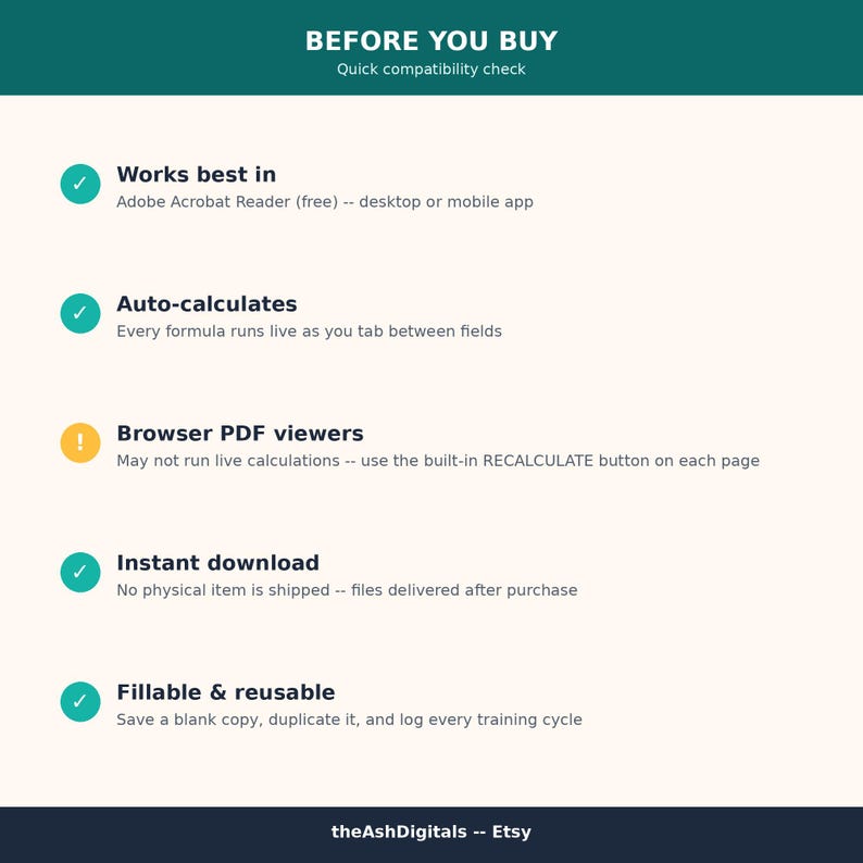 May include: An informational graphic titled BEFORE YOU BUY with a quick compatibility check. It lists five points: Works best in Adobe Acrobat Reader, Auto-calculates, Browser PDF viewers, Instant download, and Fillable & reusable.