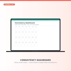 May include: A digital consistency dashboard displayed on a laptop screen featuring a 28-day workout streak tracker. The interface includes a grid of 28 empty boxes labeled Day 1 through Day 28, with instructions to type Y on any day you trained.