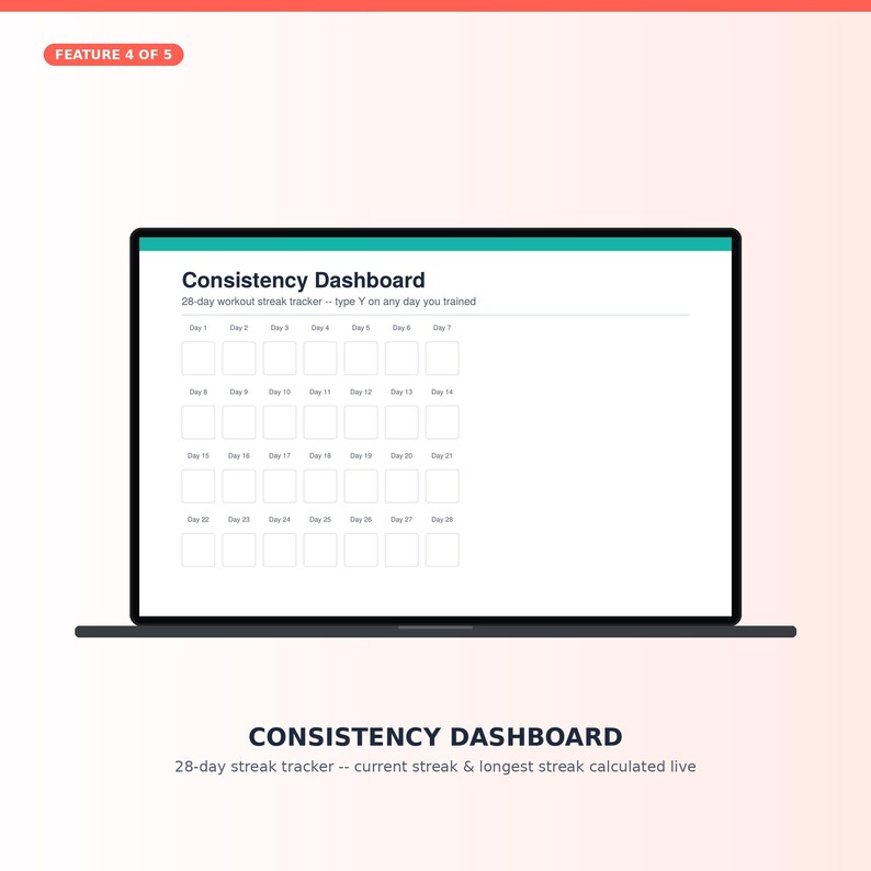 May include: A digital consistency dashboard displayed on a laptop screen featuring a 28-day workout streak tracker. The interface includes a grid of 28 empty boxes labeled Day 1 through Day 28, with instructions to type Y on any day you trained.
