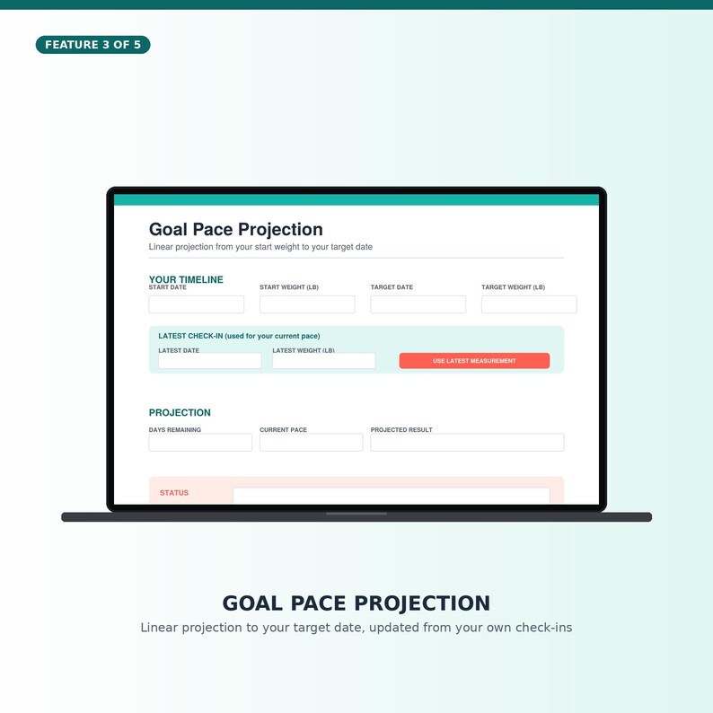 May include: A laptop screen displaying a Goal Pace Projection interface with input fields for start date, start weight in pounds, target date, and target weight in pounds. It includes sections for latest check-in data and a projected result summary.