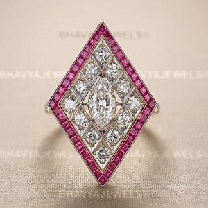 Art Deco Moissanite & Ruby Target Engagement Ring Rhombus Shaped Antique Vintage Style Jewelry