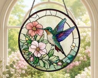Hummingbird Stained Glass Suncatcher Window Hanging, Floral Glass Ornament, Mothers Day Gift for Mom Bird Lover, Garden Window Home Decor