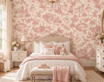 May include: A bedroom featuring wallpaper with a repeating red toile pattern of ballerinas and landscapes. The bed has a white ruffled bedspread, pink pillows, and a pink throw blanket. A bench sits at the foot of the bed with books on top.