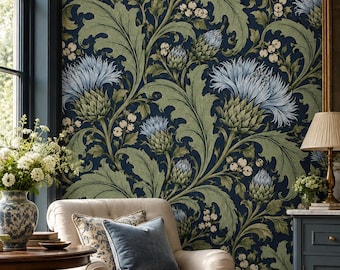 Tulip Wallpaper in Ice Blue Sage and Navy