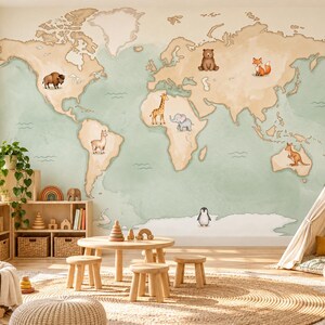 May include: A wall mural featuring a world map with a light green ocean and beige continents. The map includes illustrations of a bison, bear, fox, giraffe, elephant, llama, kangaroo, and penguin placed across the various landmasses.