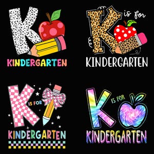 May include: Four graphic designs on a black background featuring the letter K, apples, and pencils. Designs include a dalmatian print K, a leopard print K with matching apple and pencil, a pink checkered K with a bow, and a tie-dye K with an apple.