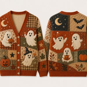 Puede incluir: Un cárdigan de manga larga con botones y diseño de patchwork acolchado, decorado con motivos de Halloween como fantasmas, calabazas, estrellas, hojas y una luna creciente en tonos naranja, marrón, verde y crema con bordes acanalados.