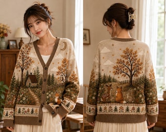 Woodland Animal Cardigan, Forest Cottagecore Sweater, Rustic Nature Knit Cardigan, Fox Deer Rabbit Sweater, Cozy Autumn Gift