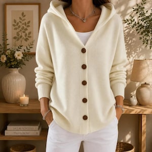 May include: A cream-colored knit hooded cardigan featuring a front button closure with five brown buttons, long sleeves with ribbed cuffs, and a V-neckline. The garment is worn over a plain white top and is paired with white trousers.