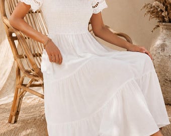 Boho Lace Sleeve Midi Dress, Women Smocked Tiered Dress, Flowy Beach Party Outfit