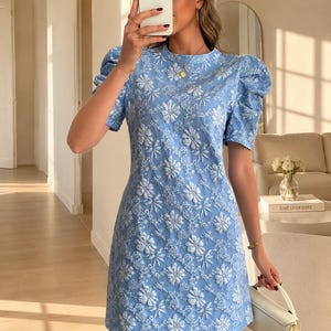 blue blouse dress with flowers cuffed sleeves Holly Mini in Hibiscus M a back bow Blue & White Floral Ruffled