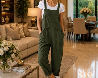 Women Cotton Overalls Jumpsuit, Casual Workwear Romper, Adjustable Strap Dungarees, Loose Fit Pocket Overalls