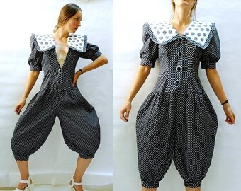 Vintage Gilda Marx Black /& White Polka Dot Puff Sleeve Jumpsuit 80s Puff Sleeve Asymmetrical One Leg Catsuit Small to Medium