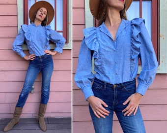 vintage 1980s Ruffle Chambray Blouse with Nehru Collar  - M