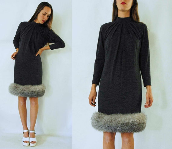 vintage 1980s Victor Costa Charcoal Grey Wool Dres
