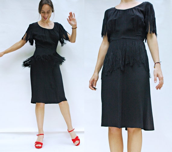 vintage 1940s Black Fringe Peplum Dress with Fring