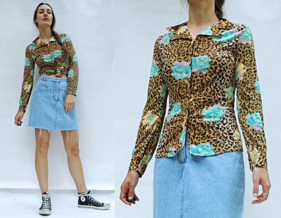 vintage 1970s Cheetah Floral Print Pointy Collared
