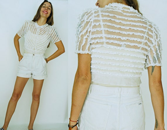 vintage 1930s Sheer Mesh Ruffle Cropped Blouse / B