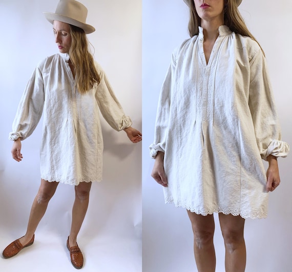 antique 1900s Handwoven Linen French Bakers Tunic… - image 1