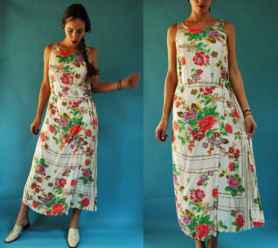 vintage 1990s White Floral Silk Wrap Dress