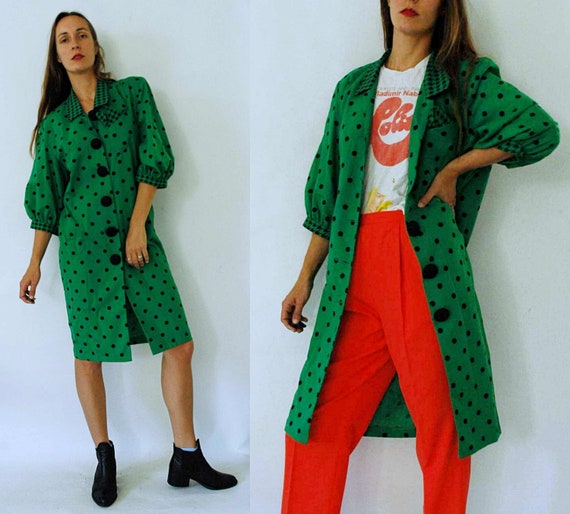 vintage 1980s Green Puff Sleeve Polka Dot Dress /