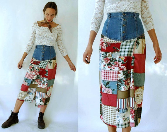 vintage 1980s Denim High Waist Floral Patchwork Sk
