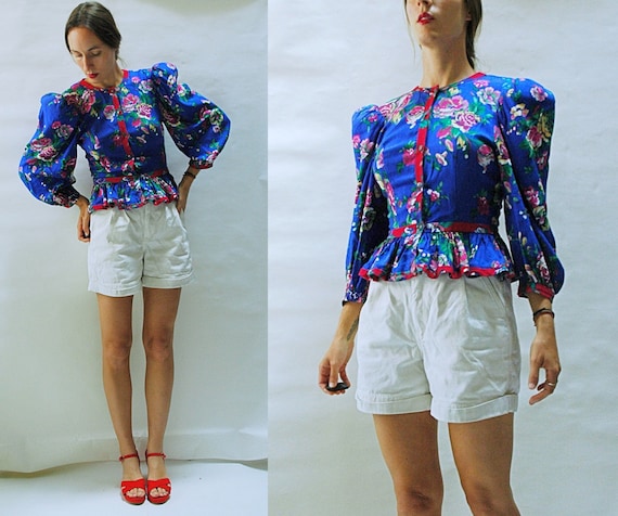 vintage 1980s Puff Shoulder Peplum Floral Blouse /