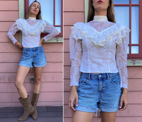 vintage 1970s Victorian Revival High Collar Lace Ruffle Gunne Sax