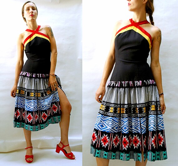 vintage 1980s Drop Waist Southwest Print Halter Dr